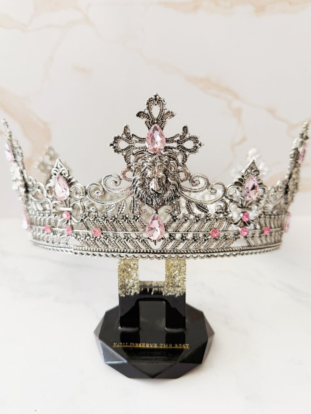 Silver Lion King Crown Pink Crystal Cross Medieval Royal Cosplay Wedding Prom